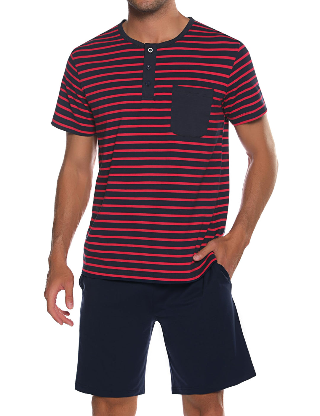 Schlafanzug Herren Kurz aus Baumwolle mit Kontraststreifen Design, Sommer Pyjama Set Oberteile und K