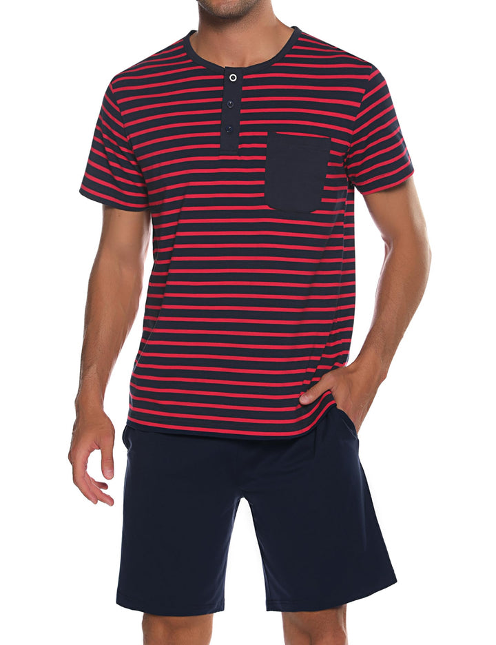 Schlafanzug Herren Kurz aus Baumwolle mit Kontraststreifen Design, Sommer Pyjama Set Oberteile und K