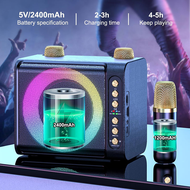 Karaoke Anlage mit 2 Drahtlosen Mikrofonen, 9D Tragbare Bluetooth Karaoke Maschine, Karaoke PA-Syste