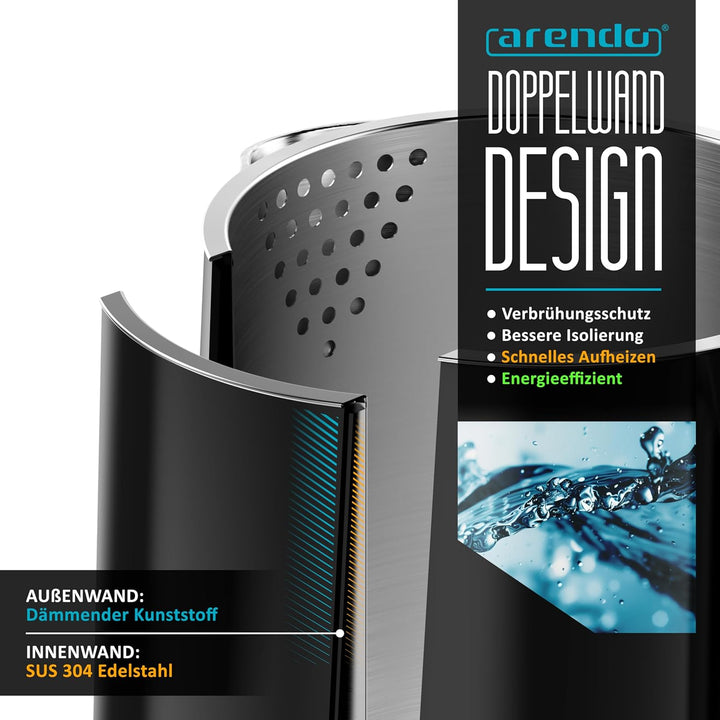Arendo - digitaler Wasserkocher mit Temperatureinstellung - Edelstahl - Display im Gehäuse - Kabello