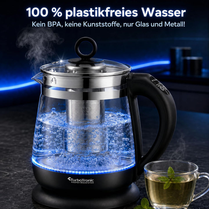 TurboTronic Glas Wasserkocher 100% plastikfrei, 1,5 Liter mit Edelstahl Kalkfilter, LED Beleuchtung