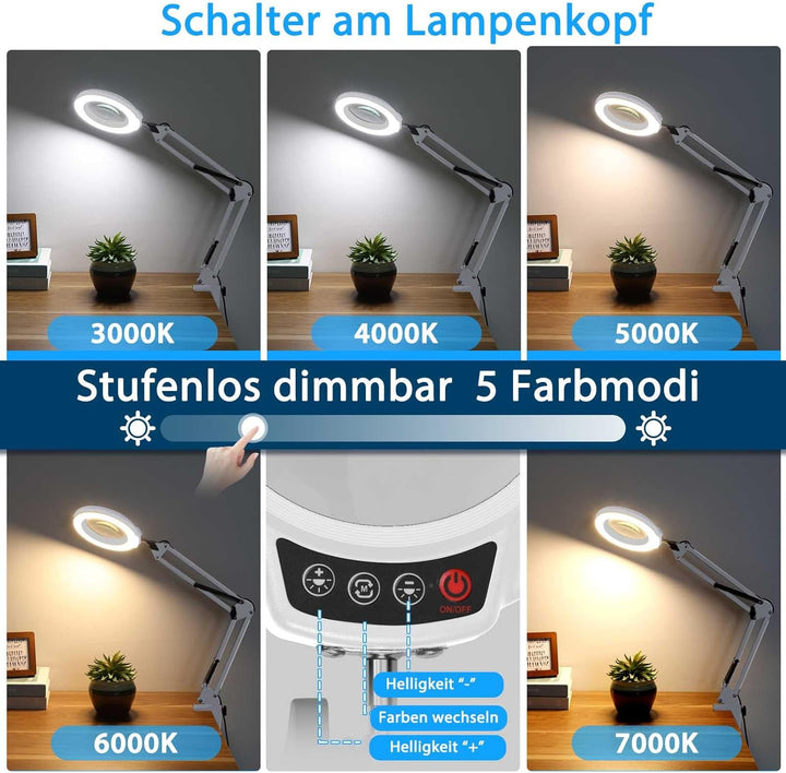 10X Lupe mit Licht und Klemme, LED Lupenlampe mit Glaslinse, 5 Farbmodi Stufenlosem Dimmen, Lupe mit