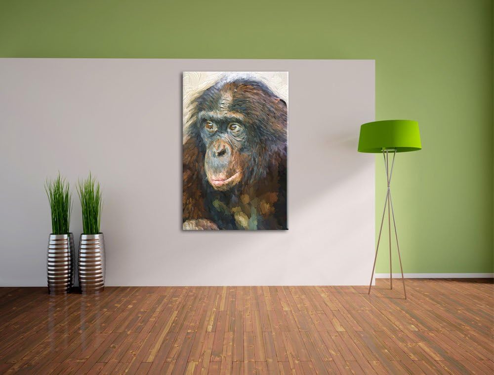 scheuer junger Gorilla Deluxe Format: 100x70 cm auf Leinwand, XXL riesige Bilder fertig gerahmt mit