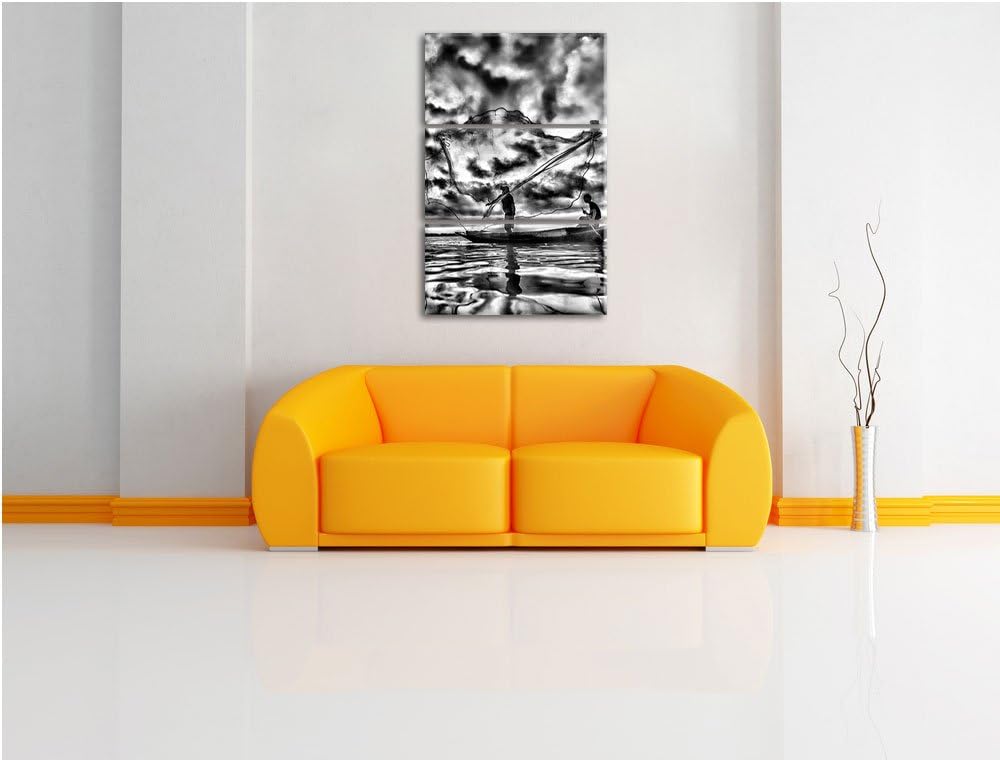 Pixxprint See mit Anglern als Leinwandbild | Grösse: 3 Teilig (120x80) | Wandbild| Kunstdruck | fert