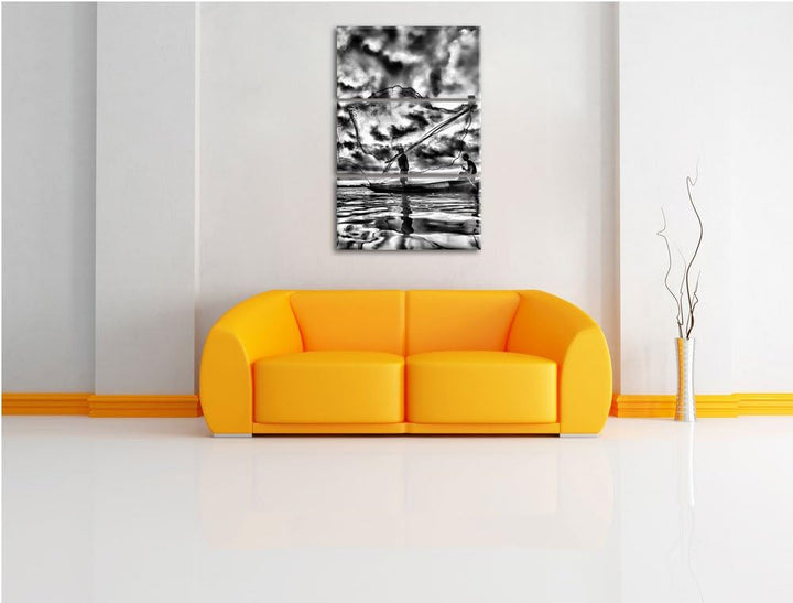 Pixxprint See mit Anglern als Leinwandbild | Grösse: 3 Teilig (120x80) | Wandbild| Kunstdruck | fert