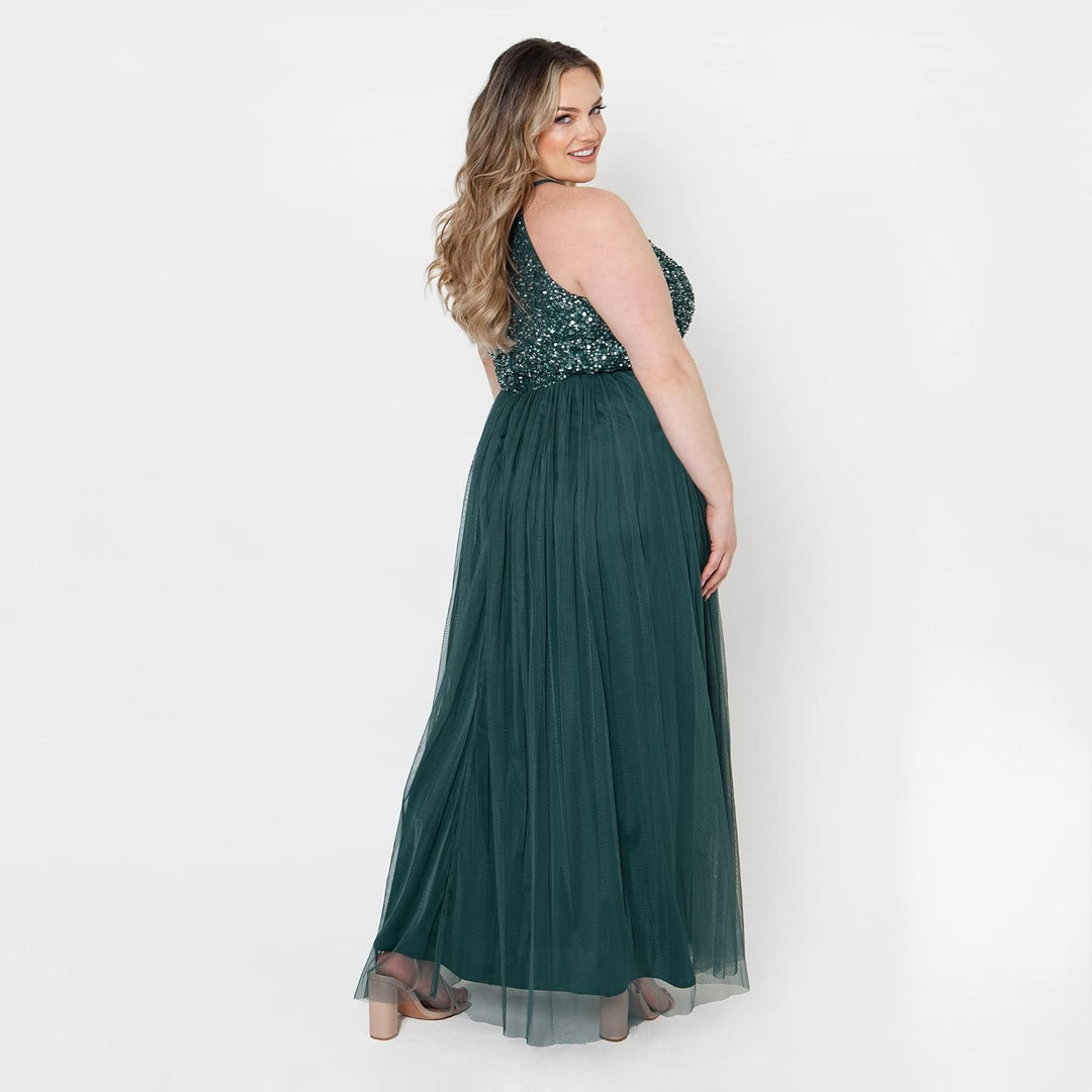 Maya Deluxe Damen Maxikleid Brautjungfer Neckholder Pailletten Verziert Abschlussball Hochzeit Dleid