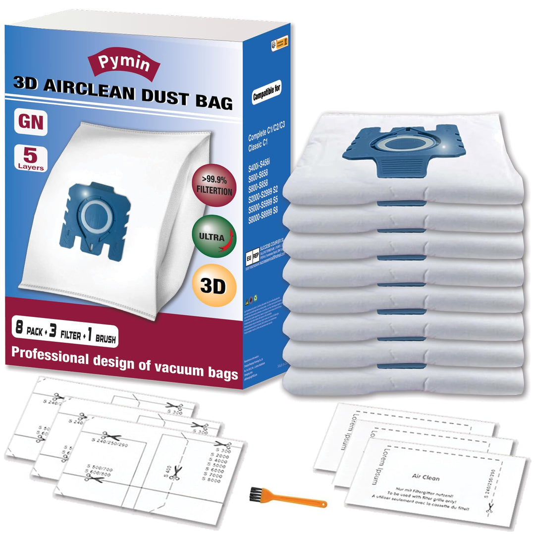 Pymin 8 Pack GN Staubbeutel Ersatz kompatibel mit Miele Staubsaugerbeutel Classic C1, Komplett C2 C3