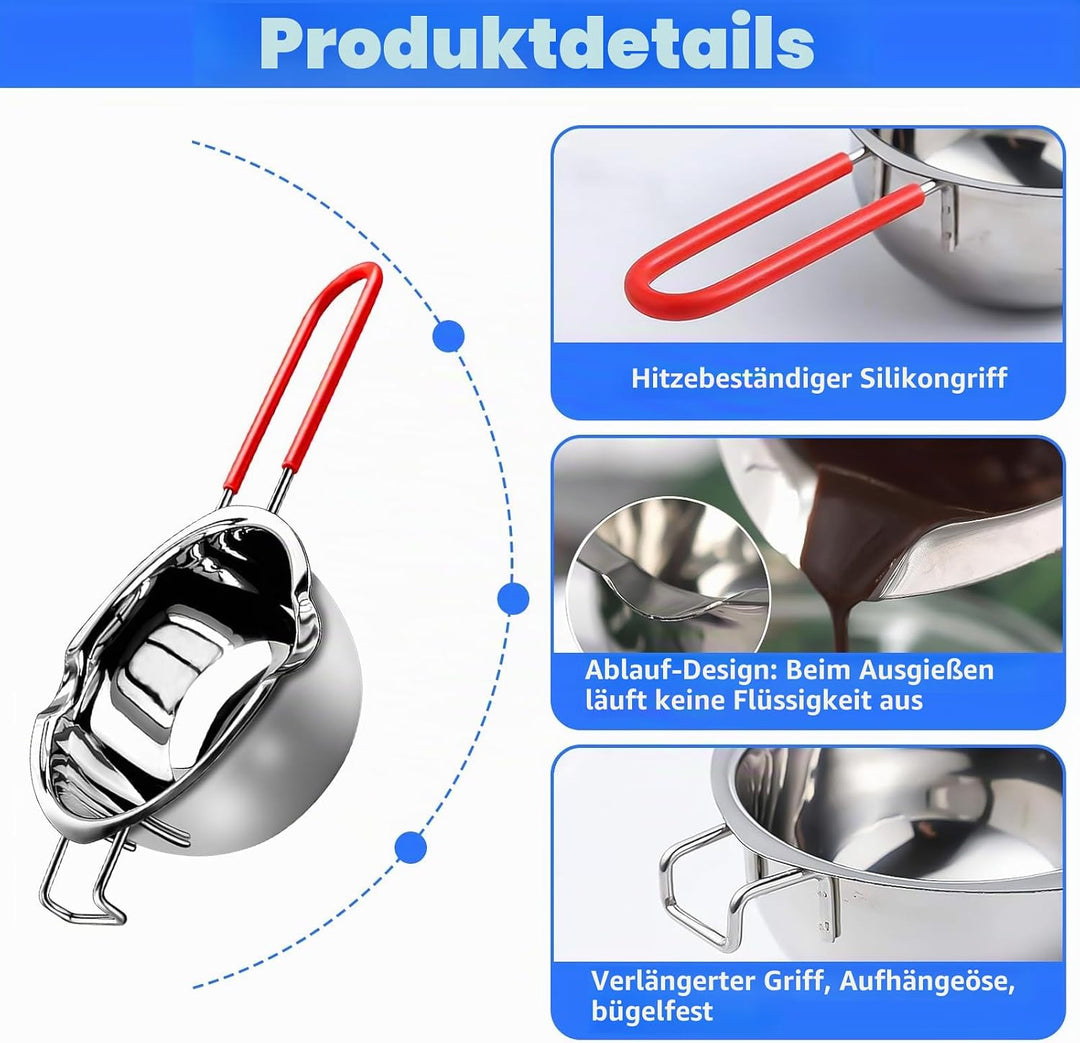 XTUDOU® 2 Stück Schmelztopf Schokolade, Wasserbad Schmelzschale 304 Edelstahl mit 2 Spatel und Hitze