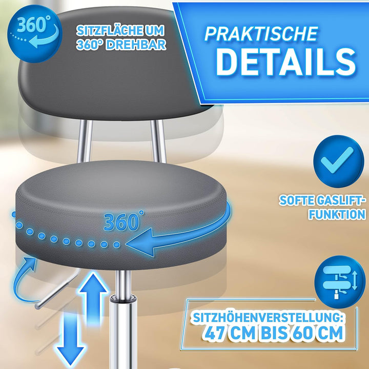 TRESKO® Rollhocker mit Lehne Grau | Arbeitshocker höhenverstellbar 46-58 cm | Drehhocker mit Rollen