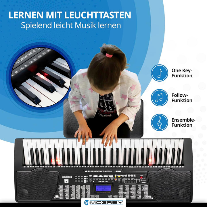 McGrey LK-6150 61 Tasten Keyboard Set - Einsteiger-Keyboard mit 61 Leuchttasten - 255 Sounds und 255
