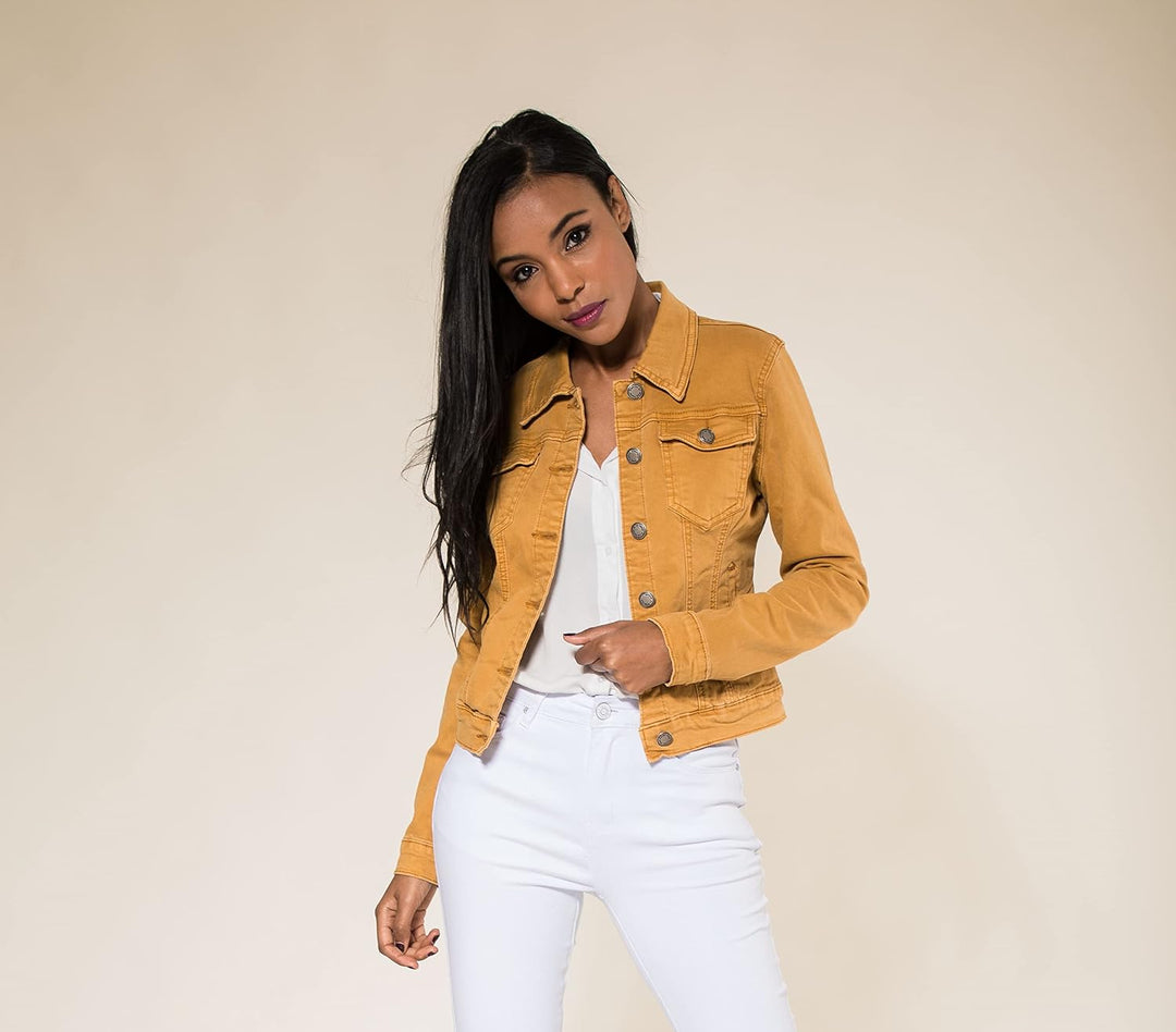 Nina Carter J212 Damen Slim-Fit Jeansjacke – Farbige Übergangsjacke mit Kent-Kragen und Taschen – Fr
