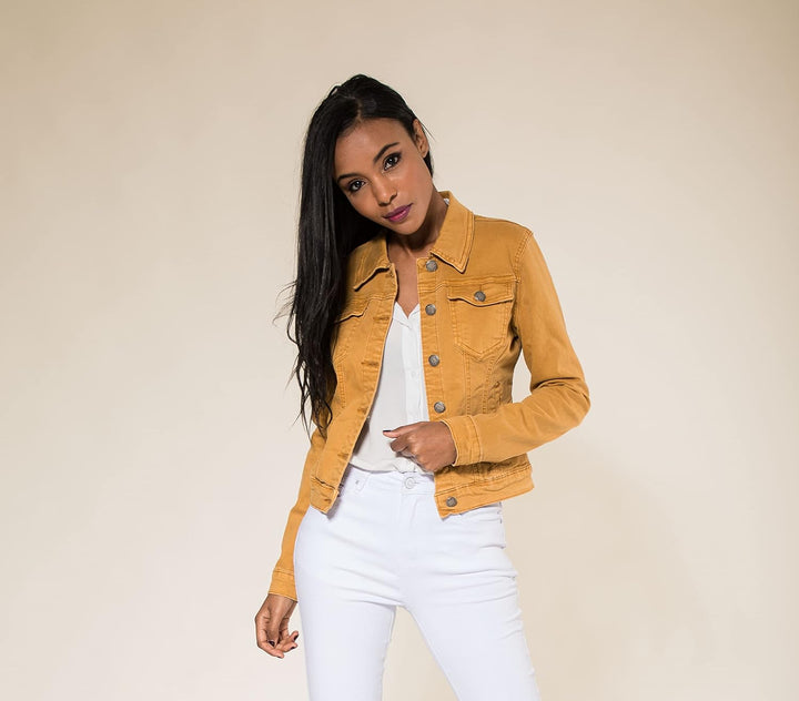 Nina Carter J212 Damen Slim-Fit Jeansjacke – Farbige Übergangsjacke mit Kent-Kragen und Taschen – Fr