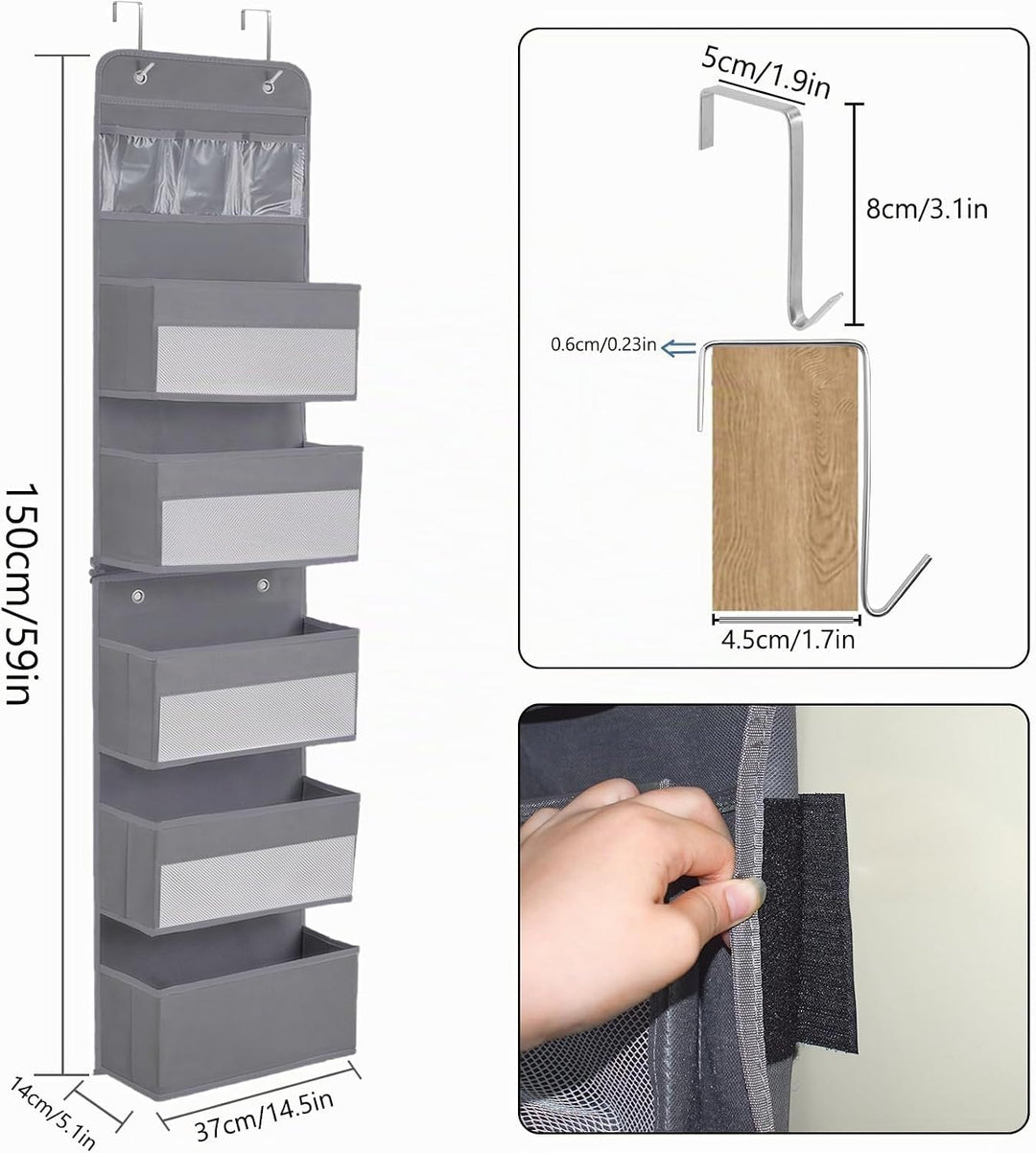YTACREA Hängeorganizer, Removable Hängeaufbewahrung Tür mit 5 Lagig Taschen, Tür organizer mit 4 Hak