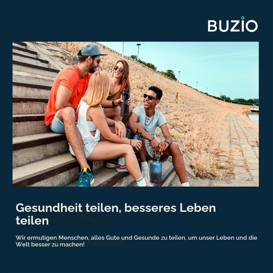 BUZIO 1L Edelstahl Trinkflasche isoliert mit Strohhalm &amp; Ausgussdeckel | Metall-Wasserflasche hält 4