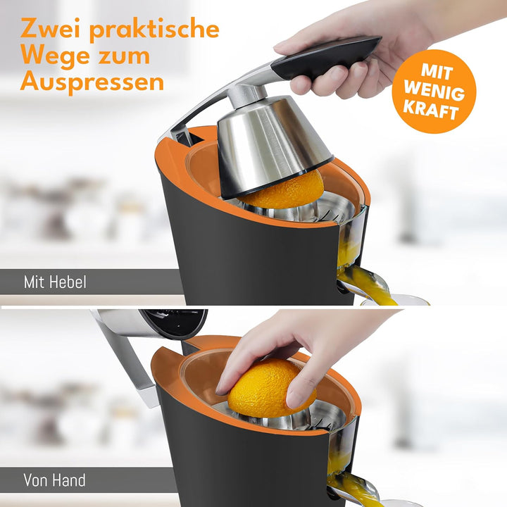 LEBENLANG Orangenpresse elektrische Edelstahl 600W - Inkl. Edelstahlkegel & BPA-Frei I Hohe Saftausb