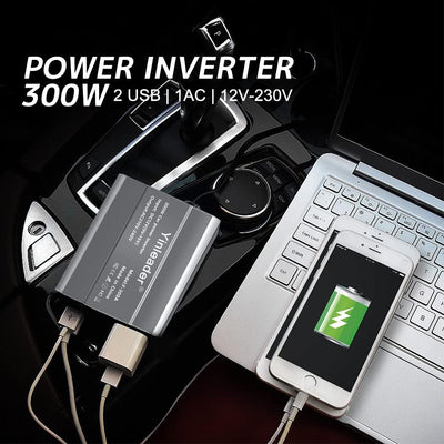 Yinleader Wechselrichter 300W DC 12V auf 230V AC KFZ-Spannungswandler 1 Euro-Steckdosen und 2 USB mi