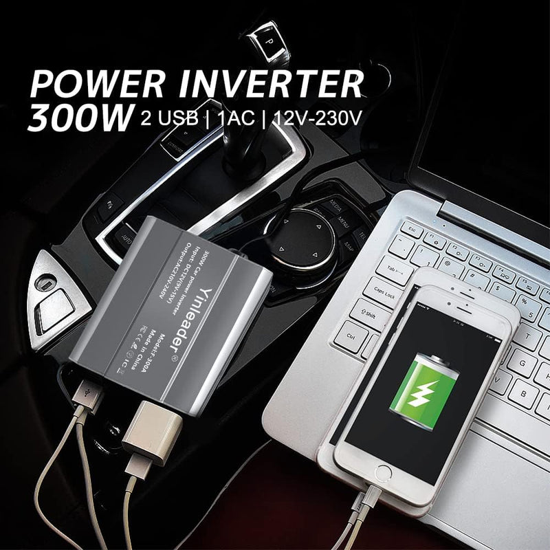 Yinleader Wechselrichter 300W DC 12V auf 230V AC KFZ-Spannungswandler 1 Euro-Steckdosen und 2 USB mi
