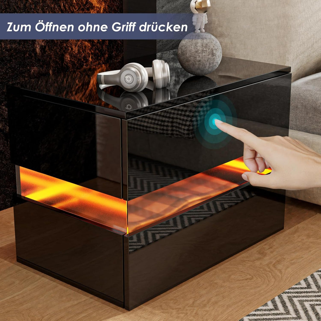 Lvhcmfohm Nachttisch mit Led Licht, Nachtschrank, Nachtkommode mit Acryl, 2 Schubladen für Wohnzimme