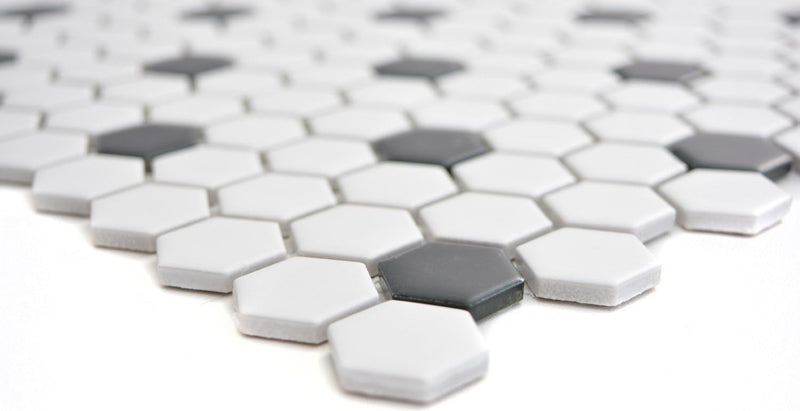 Mosaik Fliesen Mosaikfliesen Keramikmosaik Keramik Kachel Hexagon schwarz weiss matt | 10 Mosaikmatt