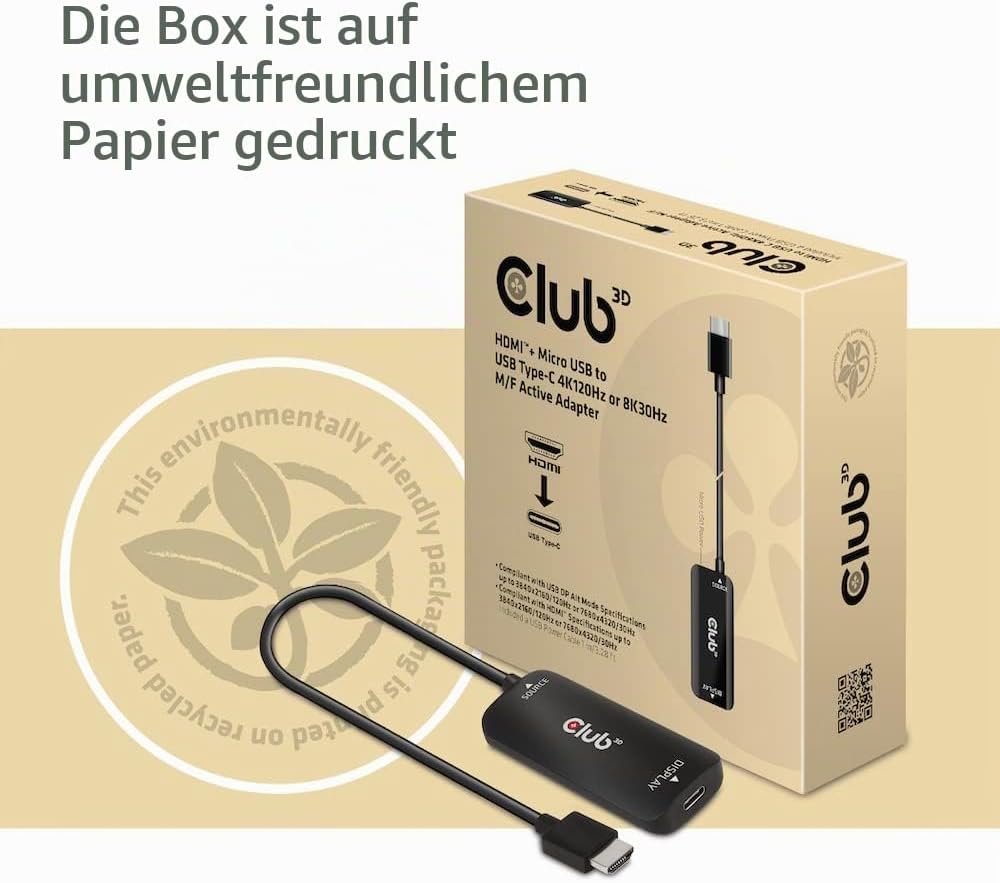 Club 3D CAC-1336 HDMI+ Micro USB auf USB Typ-C 4K120Hz oder 8K30Hz M/F Aktiver Adapter, CAC-1336