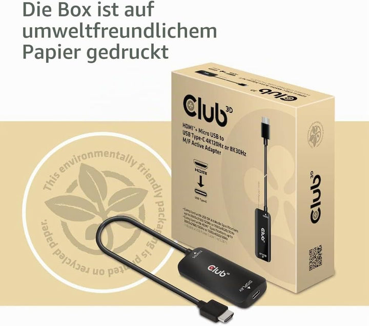 Club 3D CAC-1336 HDMI+ Micro USB auf USB Typ-C 4K120Hz oder 8K30Hz M/F Aktiver Adapter, CAC-1336