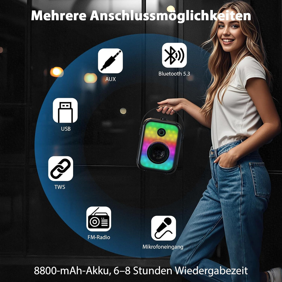 Karaoke Maschine für Erwachsene mit 2 kabellosen Mikrofonen, tragbarer Bluetooth-Lautsprecher mit St