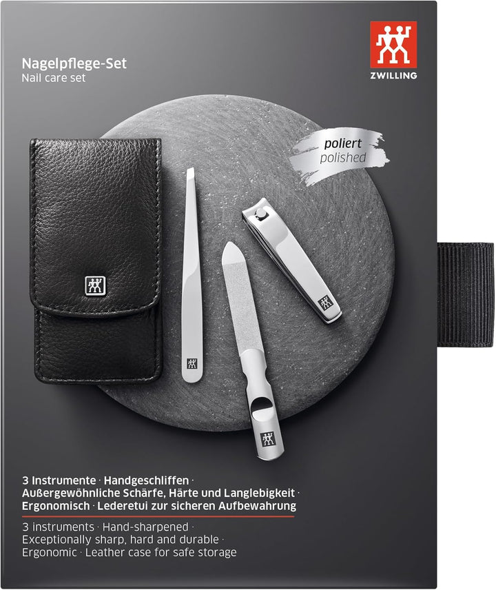 ZWILLING Maniküreset und Pediküreset Nagelpflege aus Echtleder mit Druckknopf, 3-teilig, schwarz 3-T
