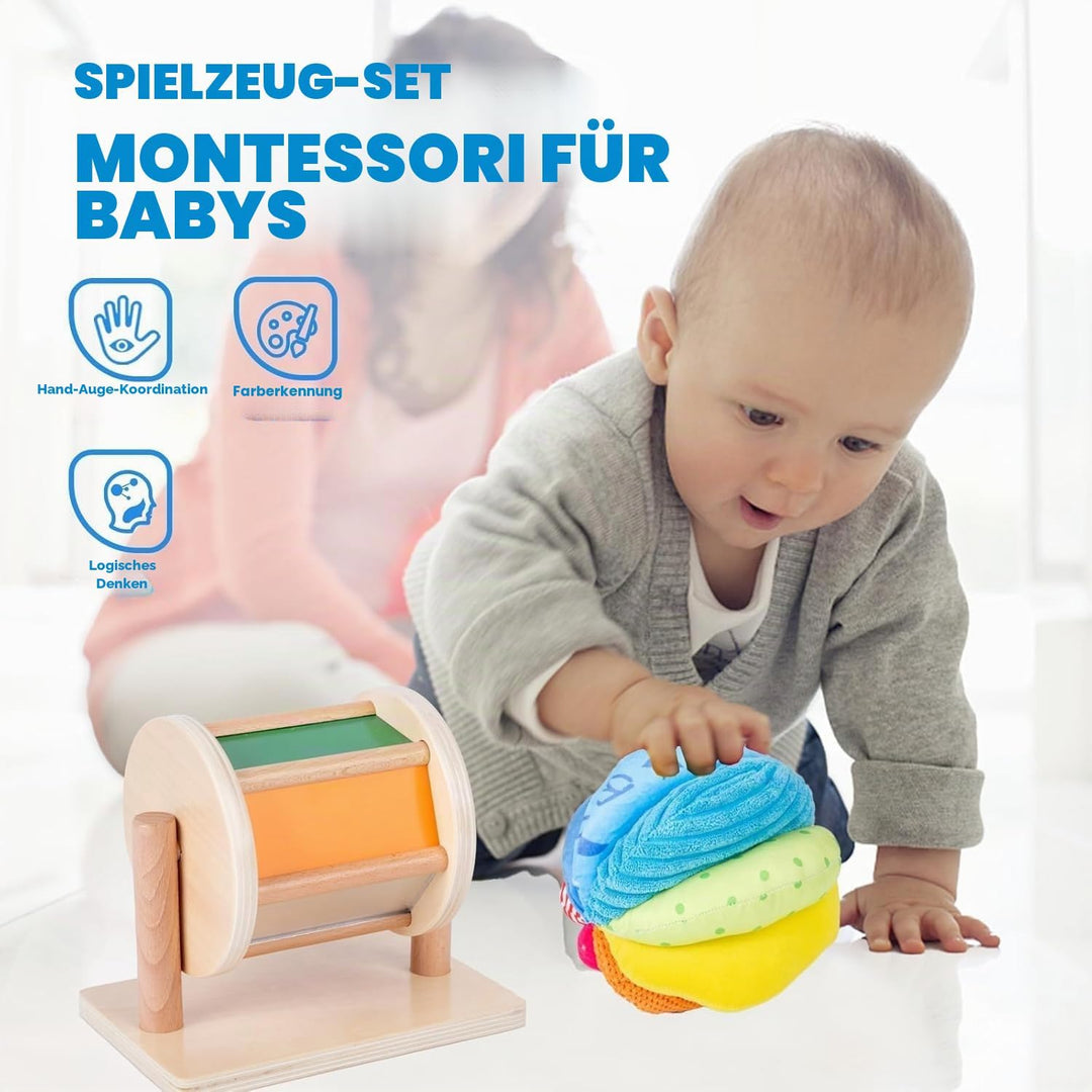 Adena Montessori Baby-Spielzeug-Set mit Montessori-Spiegel, Peekaboo-Knopf-Puzzle, mittlerer Dreh-Tr