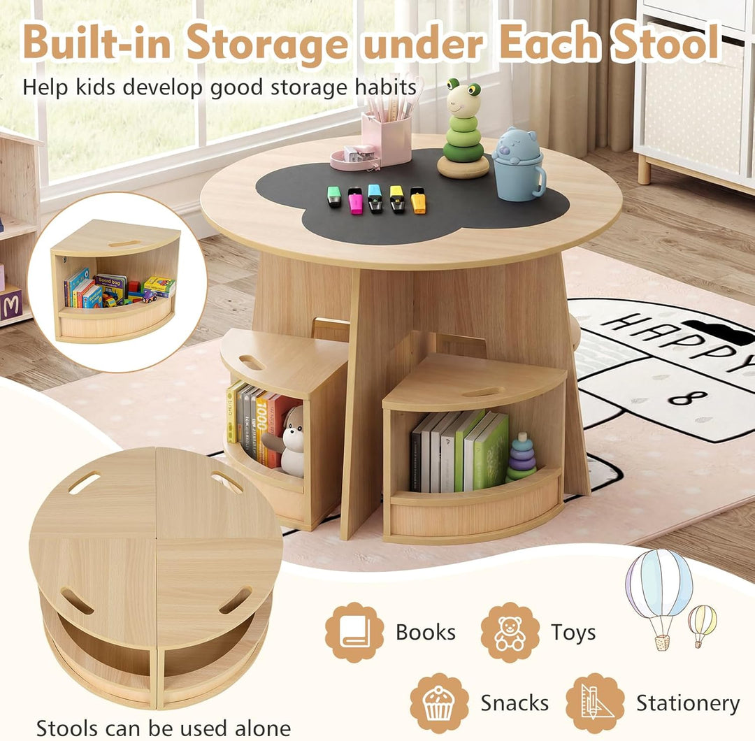 FANTASK 5-TLG. Kindertisch Stuhl Set Rund, Holztisch mit 4 Stauraumhockern, Maltisch für Kinderzimme