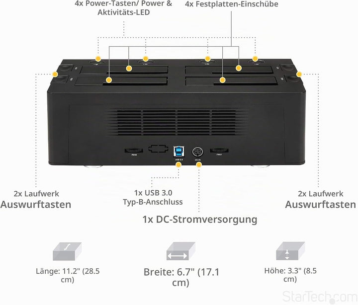 StarTech.com USB 3.0 4 Bay 2,5 Zoll / 3,5 Zoll SATA III Festplatten Dockingstation mit UASP und zwei
