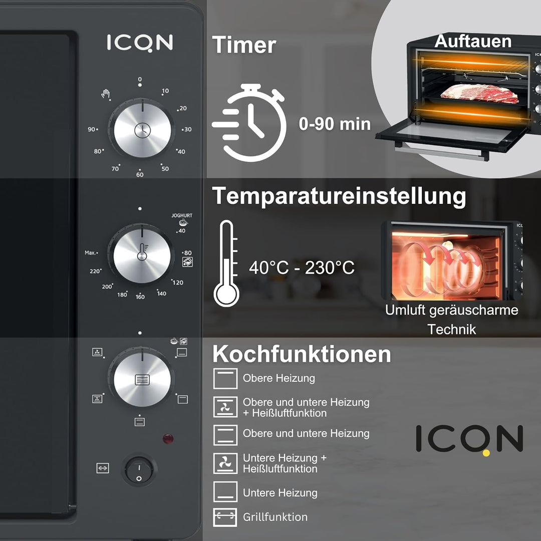 ICQN 60 Liter XXL Minibackofen, 1800 W, Umluft, Pizza-Ofen, Doppelverglasung, Drehspiess, Timer, ink