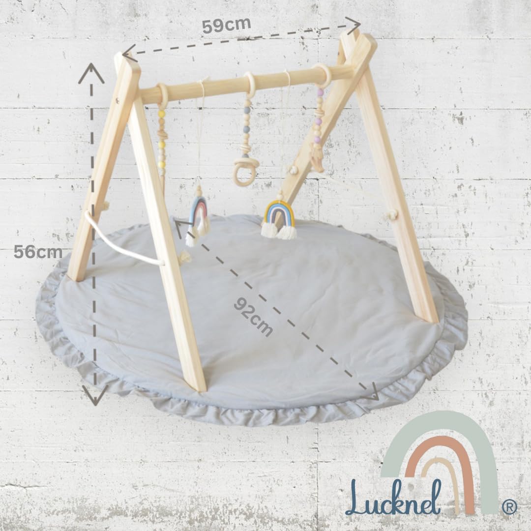 Lucknel Montessori Spielbogen Baby aus Holz mit Spielmatte 90 cm – ab 3 Monate, 5 abnehmbare Hängesp