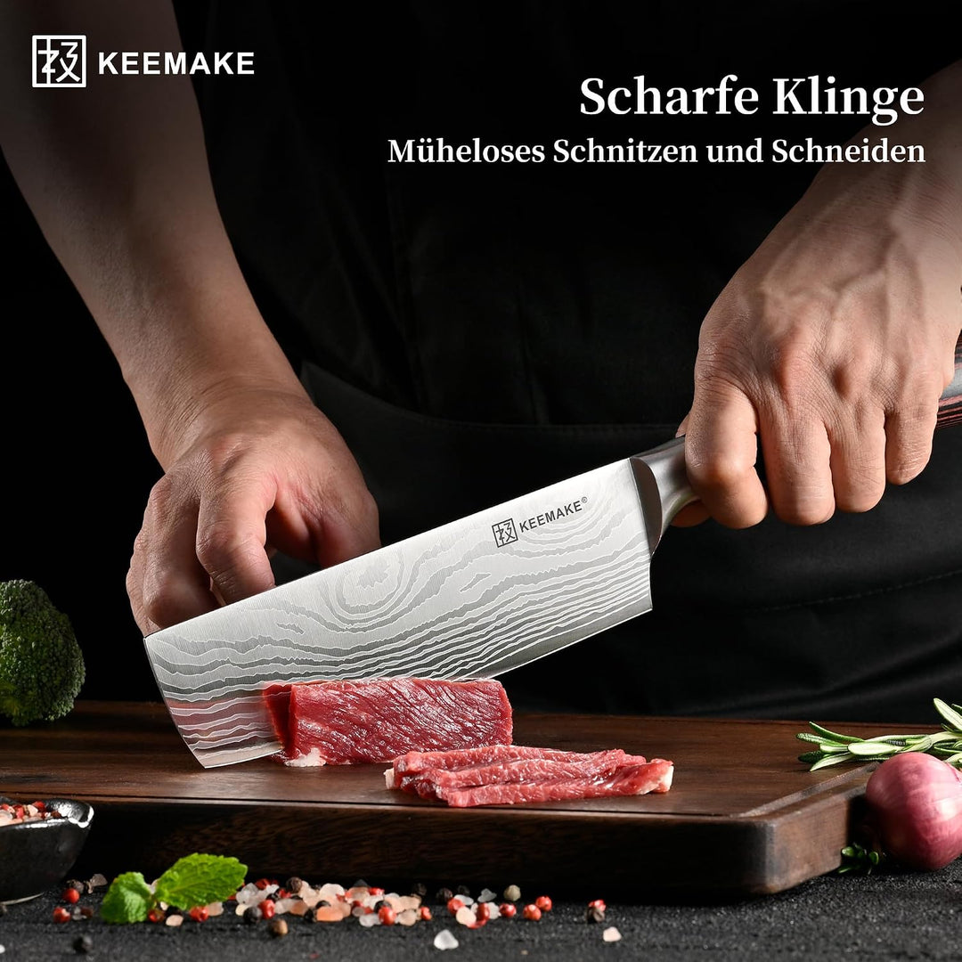 KEEMAKE Messerset 3 teilig, Küchenmesser Set aus Edelstahl mit Profi Kochmesser Nakiri Messer Allzwe