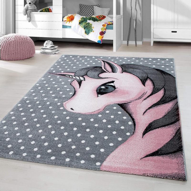 HomebyHome Kinderteppich Kurzflor Einhorn Design Rosa 80x150 cm Laüfer- Teppich Kinderzimmer Mädchen