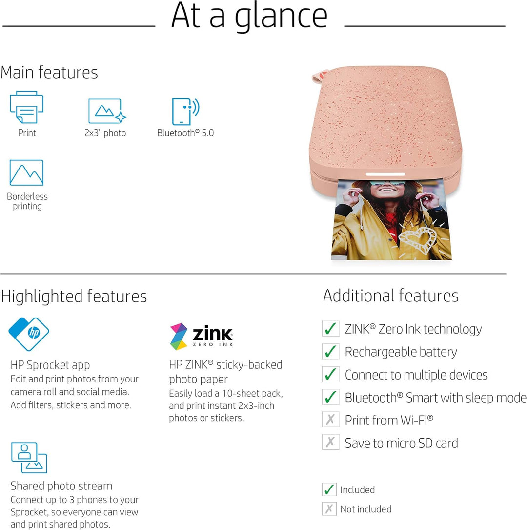 HP Sprocket Portable 2x3 Zoll Sofortbilddrucker (Rosa) Zink-Papierbündel, Rosa