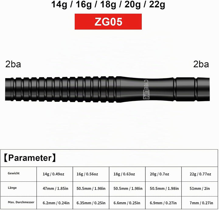 CyeeLife 15/16/18/20g Tungsten Soft Dart Barrels 90%,Schwarz/Silber/Blau/Gold,8-Stile ZG05-18g Schwa