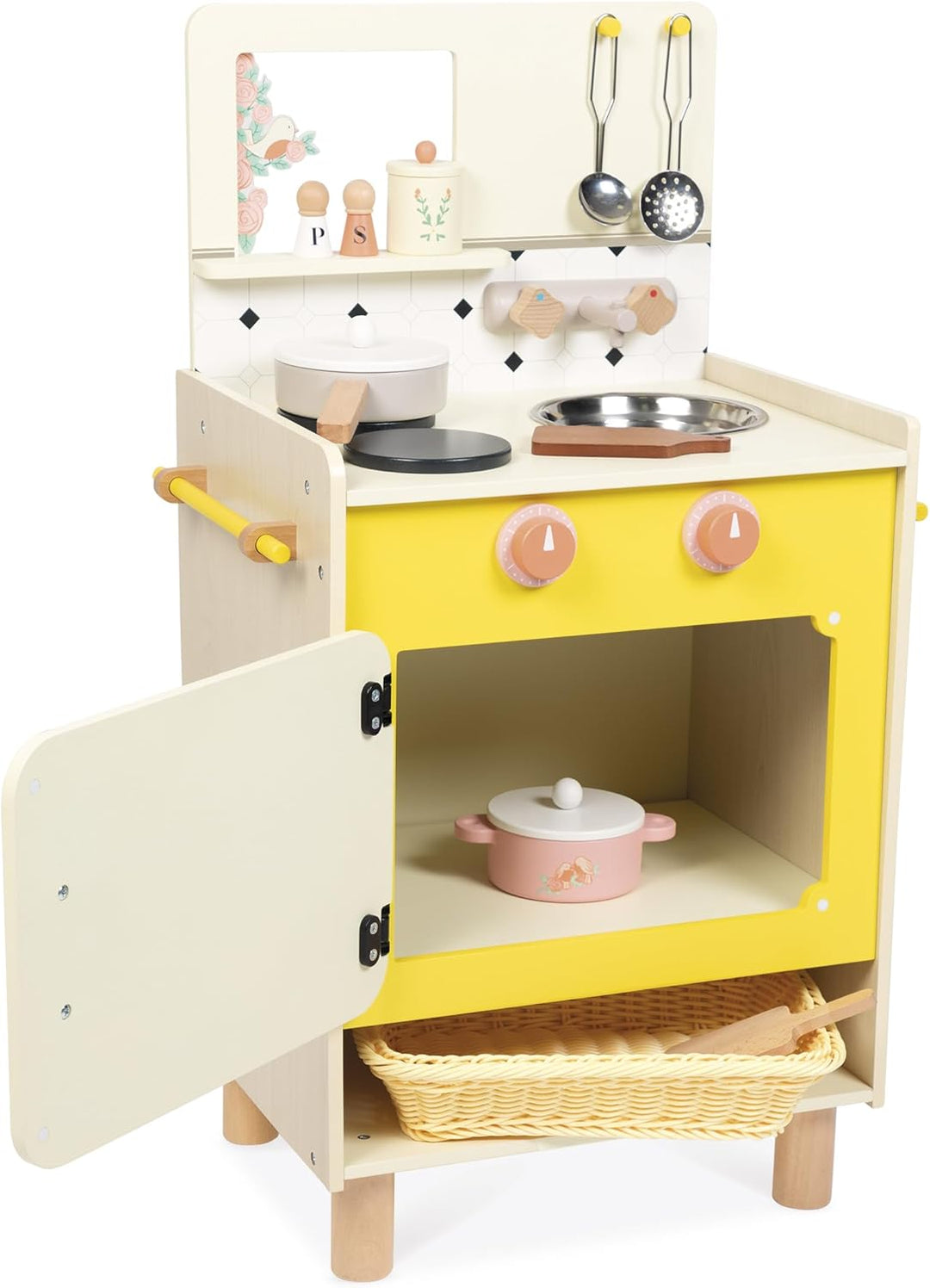 Janod - Kinderküche aus Holz - Ausgestattet mit Backofen, Spüle und 11 Zubehörteilen - Sonore Drehkn