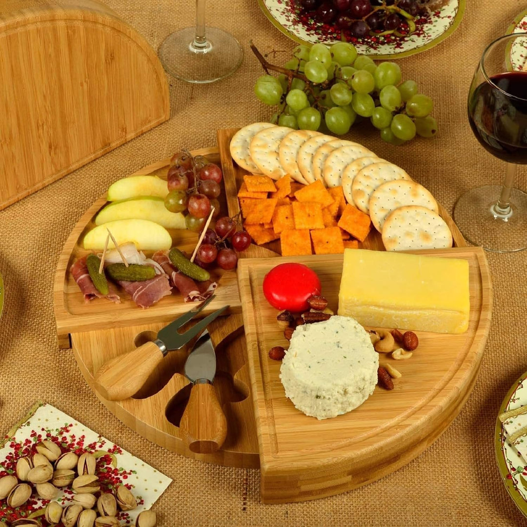 Bambus Käsebrett Set Runde Charcuterie Board, Käseplatte Gross Pizzateller Snackplatte Tortenplatte