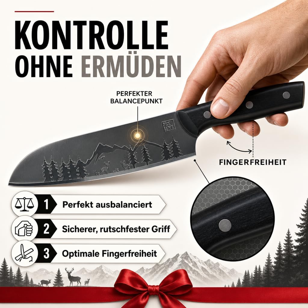 FIXLINE® Santoku Messer 18cm BLACK FOREST EDITON - Stark &amp; präzise - Profi-Küchenmesser für Gemüse &amp;