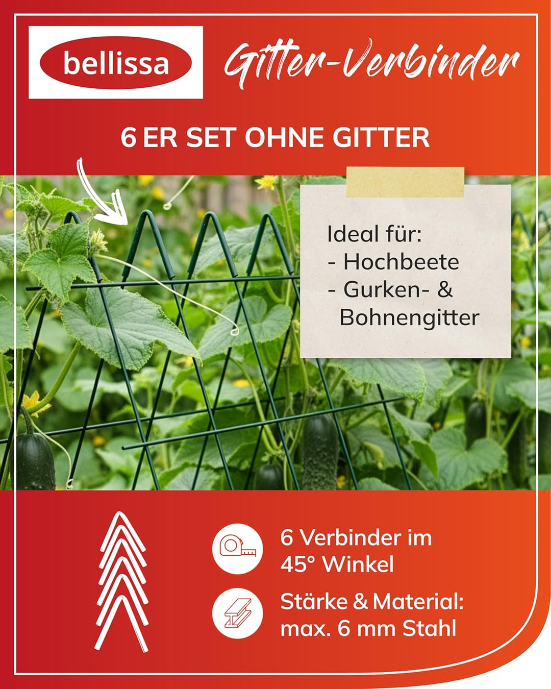 bellissa – Rankgitter-Verbinder Andybell 45° 6er-Set 11x1x11cm – Plastikfreie Verbindungsstücke für