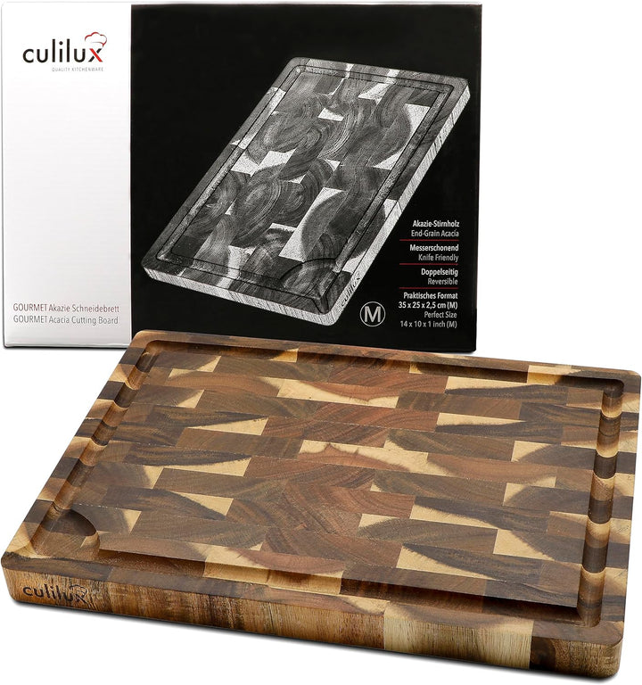 CULILUX Gourmet Schneidebrett M Stirnholz Akazie 2-seitig 35 x 25 x 2.5 cm mit Saftrille antiseptisc
