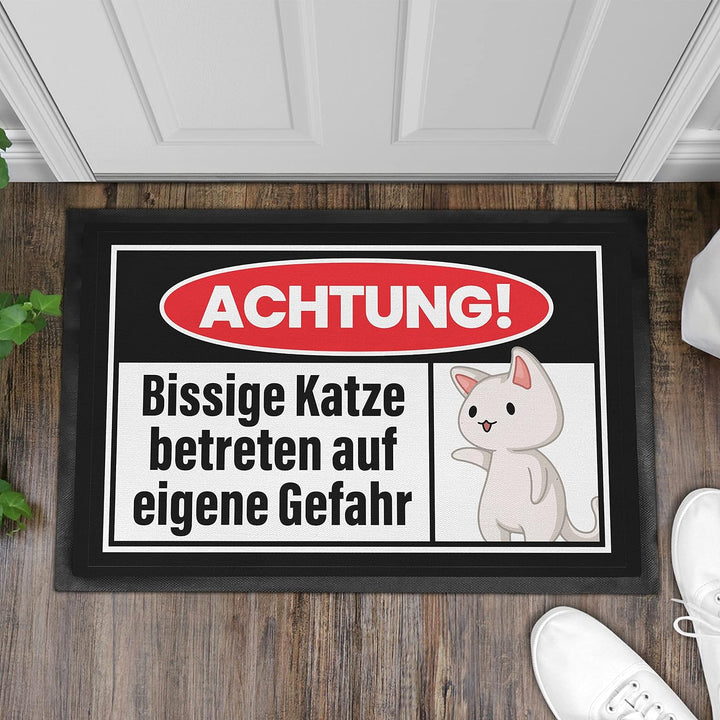 Trendation - Achtung Bissige Katze Fussmatte Geschenk Katzenbesitzer Lustige Fussmatte 60x40 cm Katz