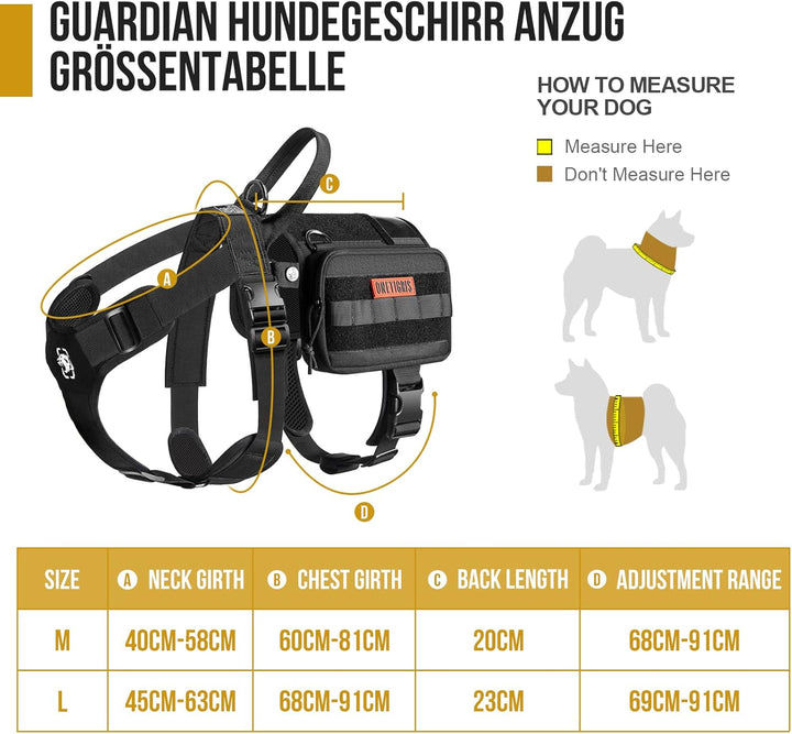OneTigris Service Hundegeschirr, Guardian Geschirr mit 3 Edelstahl D-Ringen und Grosser Kapazität Ta