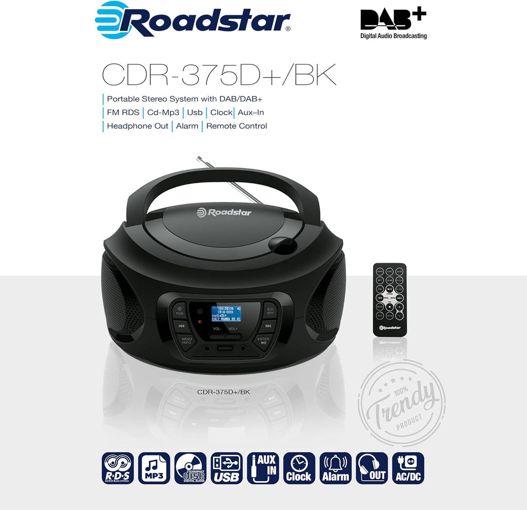 Roadstar CDR-375D+/BK Tragbares Radio CD Player, Spieler CD-MP3, CD-R, CD-RW, Radio DAB/DAB+ / FM, U