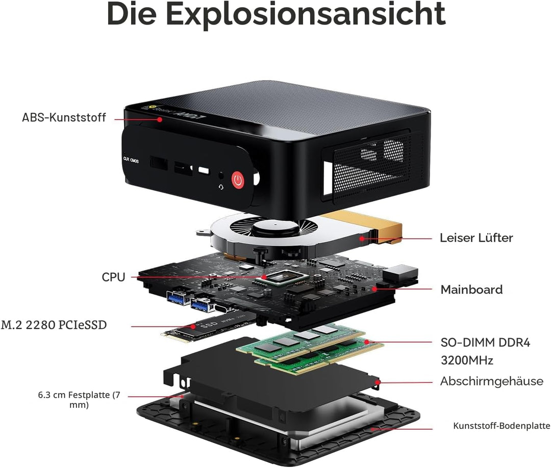 Beelink SER5 MAX Mini PC, AMD Ryzen 7 5800H, 8 Kerne, 16 Threads bis zu 4,4 GHz, 16 GB RAM, 500 GB S