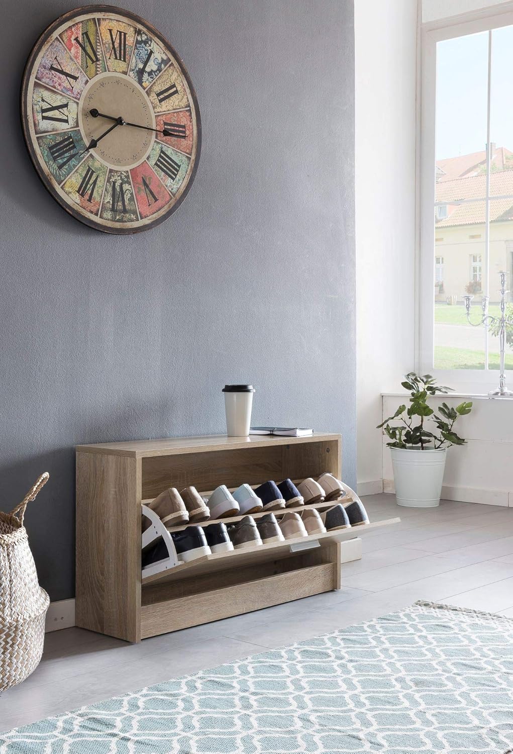 Holz Schuhkipper Bank: Kippfächer, Verstellbarer Einlegeboden, Melaminharzbeschichtung Farbe: Beige,