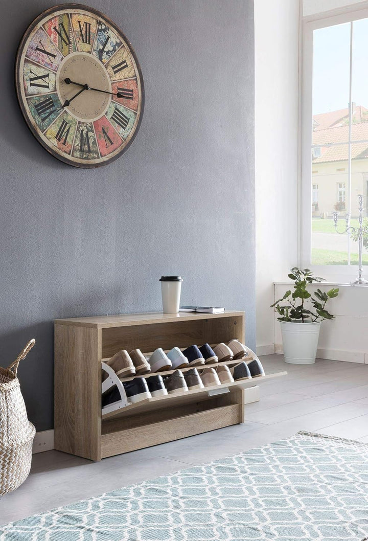 Holz Schuhkipper Bank: Kippfächer, Verstellbarer Einlegeboden, Melaminharzbeschichtung Farbe: Beige,