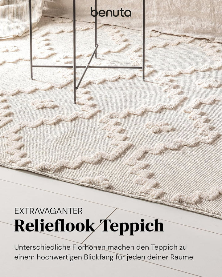 Benuta Teppich OYO Cream Handmade-Look Fransen Hochflor Wohnzimmer 160x230 cm 160x230 cm Cream, 160x