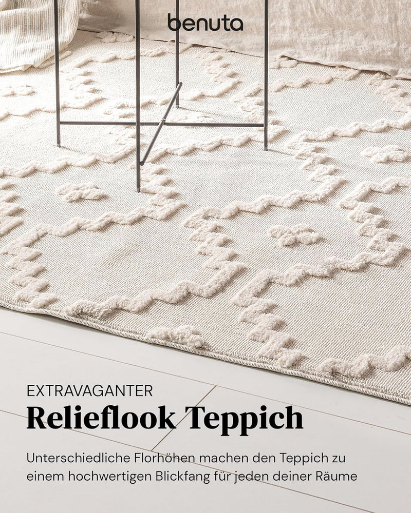 Benuta Teppich OYO Cream Handmade-Look Fransen Hochflor Wohnzimmer 160x230 cm 160x230 cm Cream, 160x