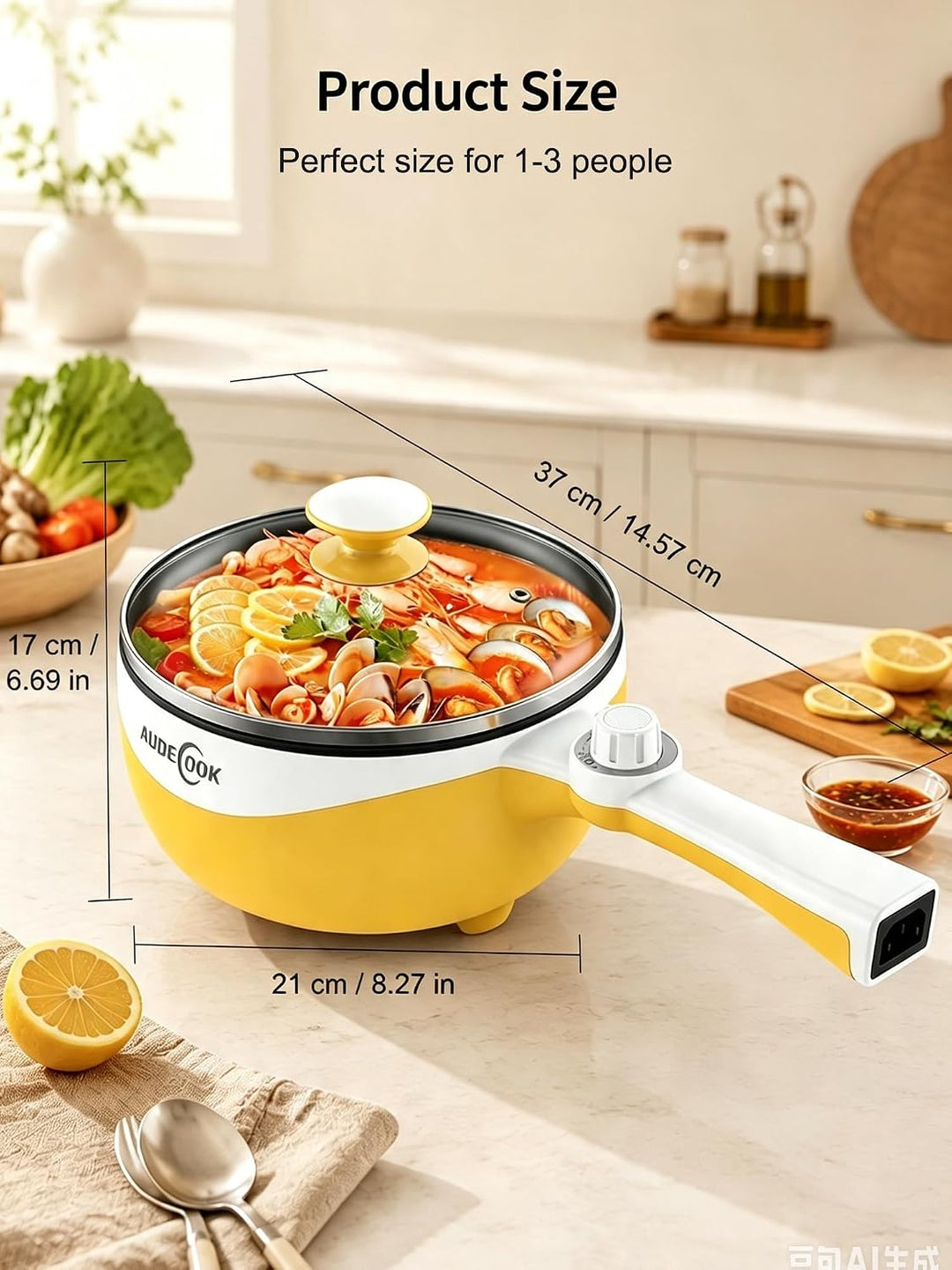 Audecook Elektrische Hot Pot, 1.7 L/20cm Tragbare Elektrischer Bratpfanne Hotpot Topf Antihaft Mini